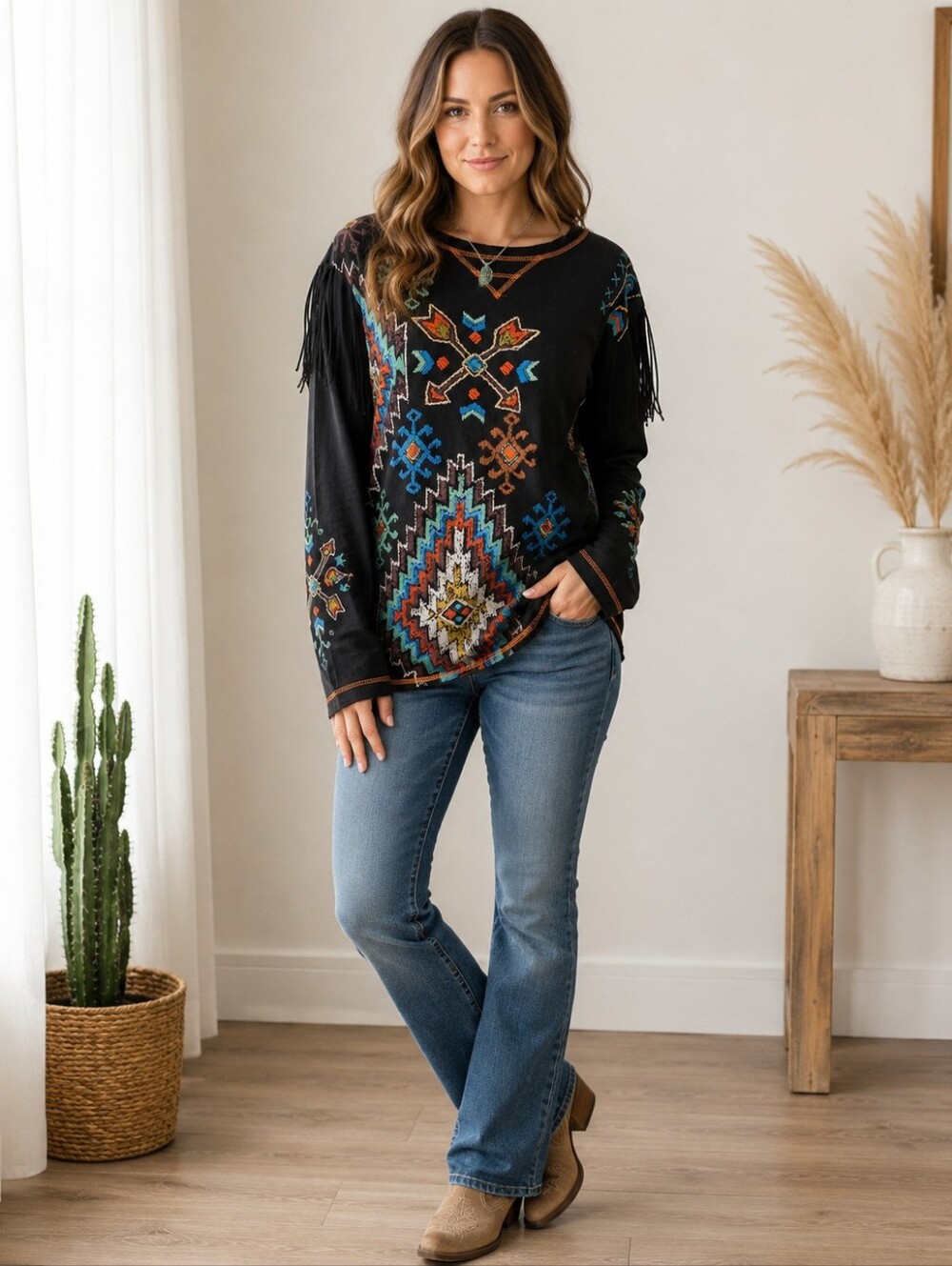 Double D Ranch Aztec Southwestern Fringe Long Sleeve Top Size Medium